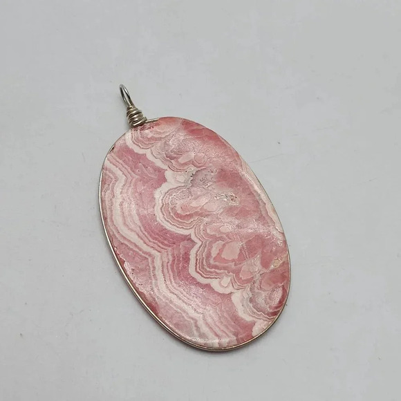 Pink Rhodochrosite Oval Pendant Sterling Silver Vintage 2.5 in - Picture 3 of 6